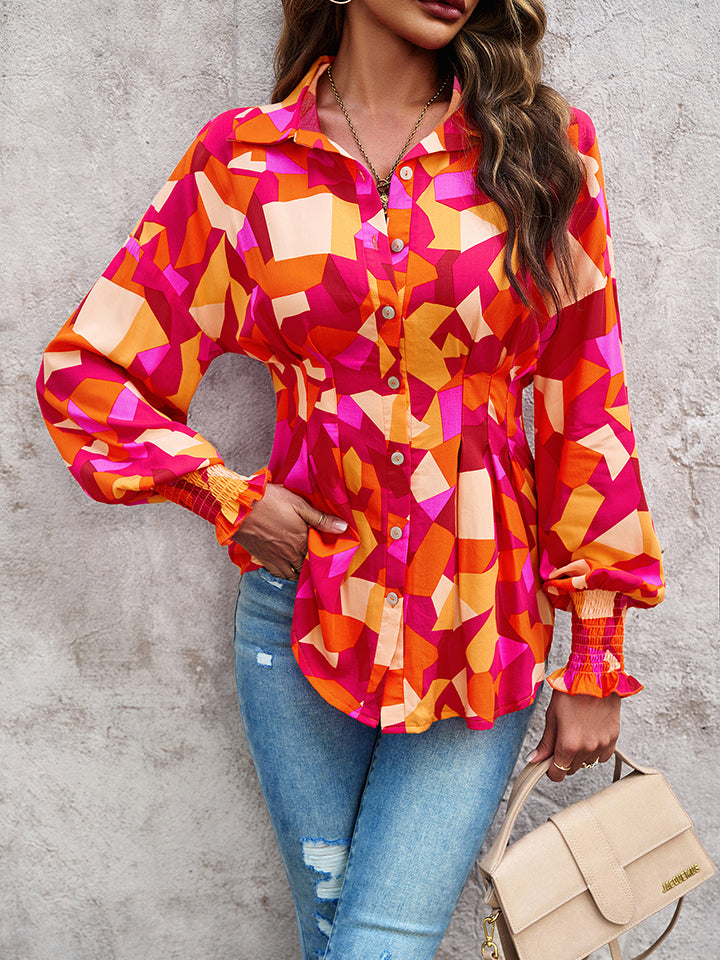 Printed Button-Up Lantern Sleeve Shirt – Triple Bee Designs