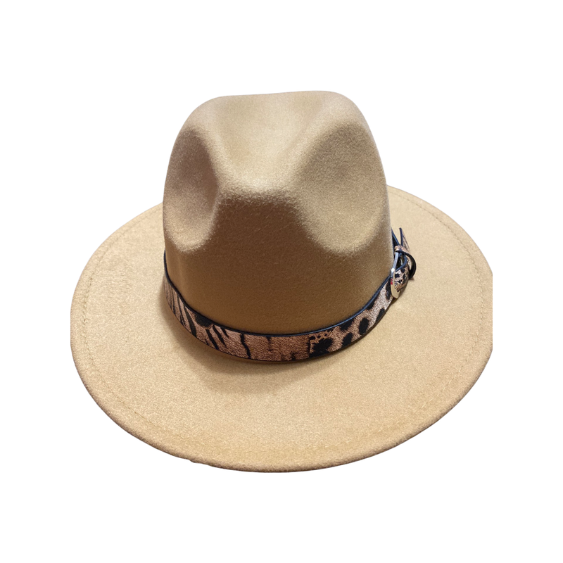Tan hat with leopard band